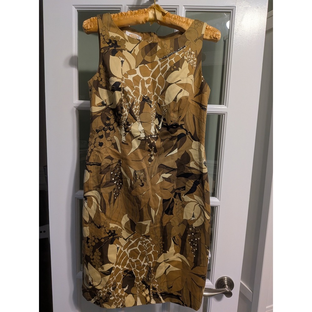 Talbots Petites Giraffe Pattern Cotton Sheath Dress Brown Tan Safari Size 4P NWT